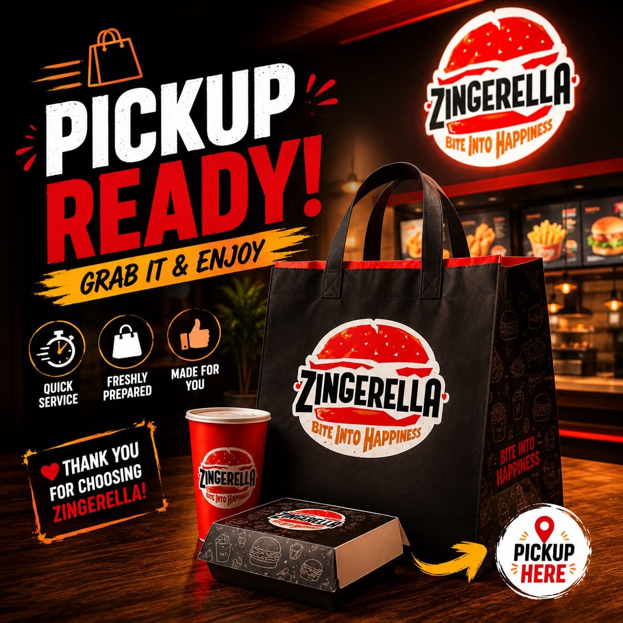Zingerella pickup bag with burger box and drink